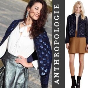 NWT NEW ANTHROPOLOGIE Elevenses‎ Sequin Sky Bomber Jacket Zipper Blue Siz…